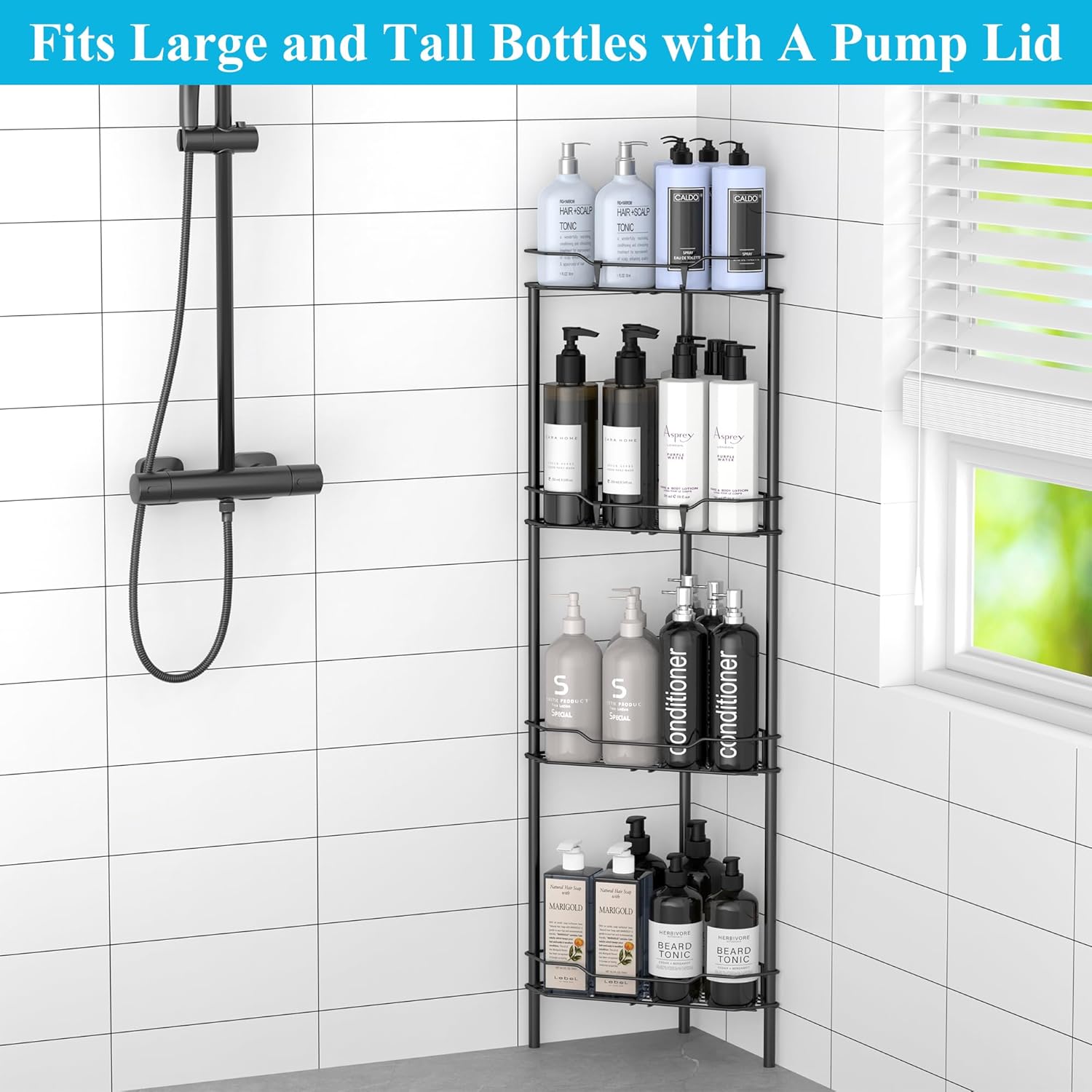 4 Tier Floor Standing Corner Shower Caddy Organizer Shelf with Hooks, Bathroom Shelves Stand Rack, Black | Adhesive
