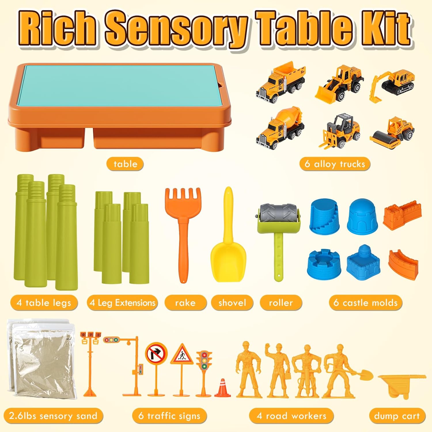 Sensory Table with Sensory Sand, Indoor Sensory Bin with Lid & 2.6lbs Play Sand, Construction Kit with 6 Alloy Trucks