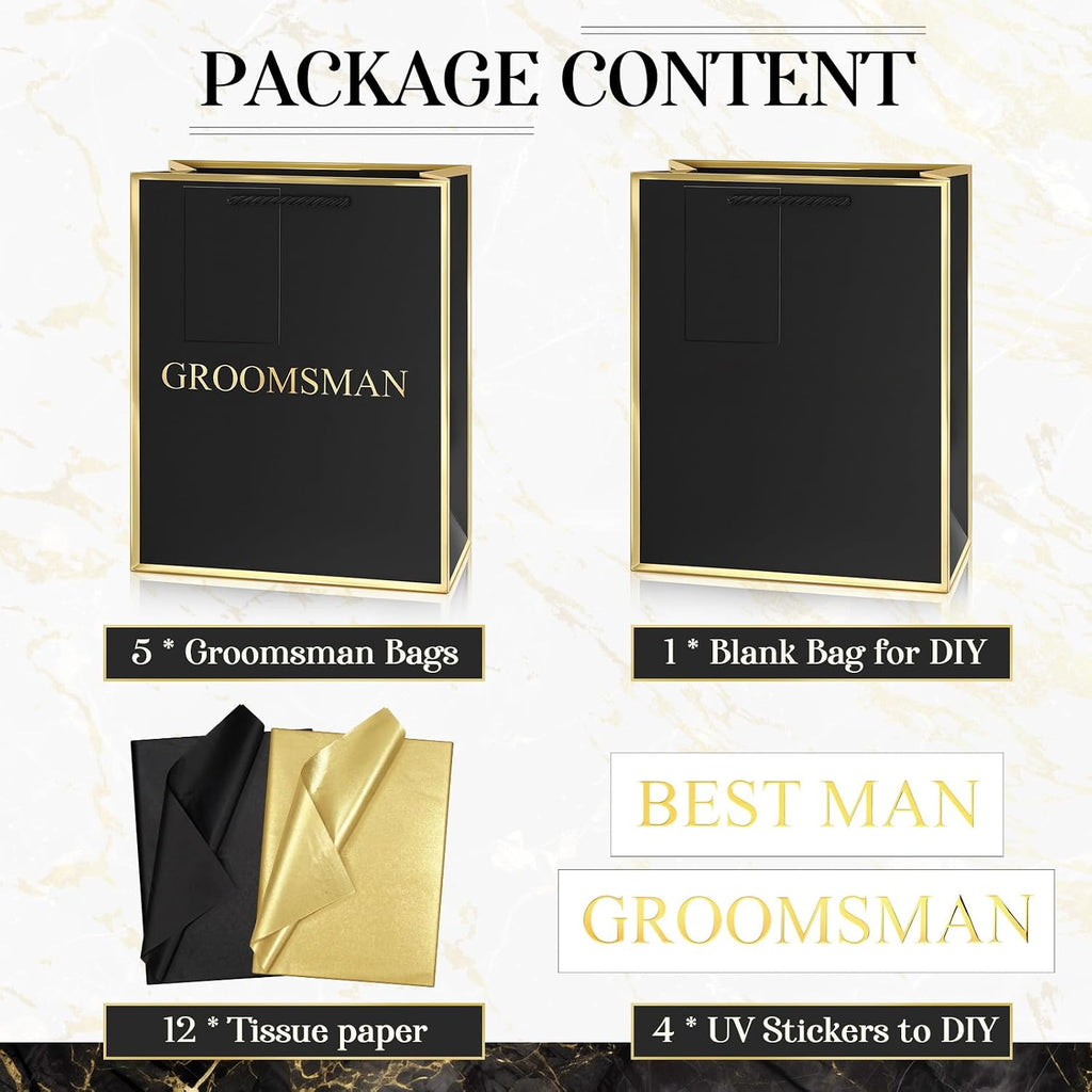 6 Pack Groomsmen Gift Bags with Tissue Paper, Medium, Black Gold