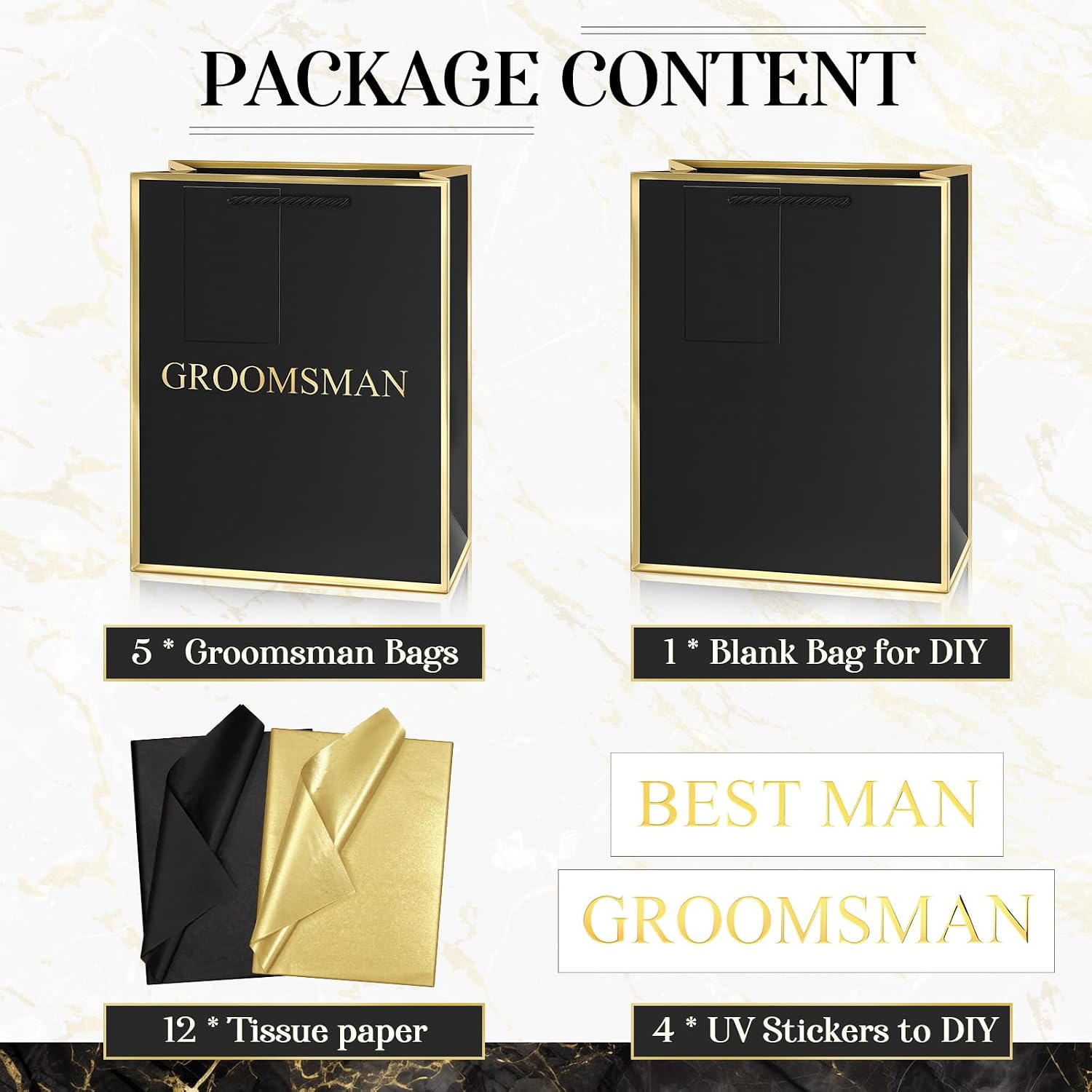 6 Pack Groomsmen Gift Bags with Tissue Paper, Medium, Black Gold