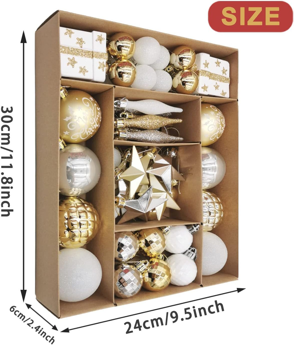 Christmas Assorted Ornaments Set, 58 ct Gold-Silver-White Stars Theme Xmas Tree Ball Ornament, Shatterproof