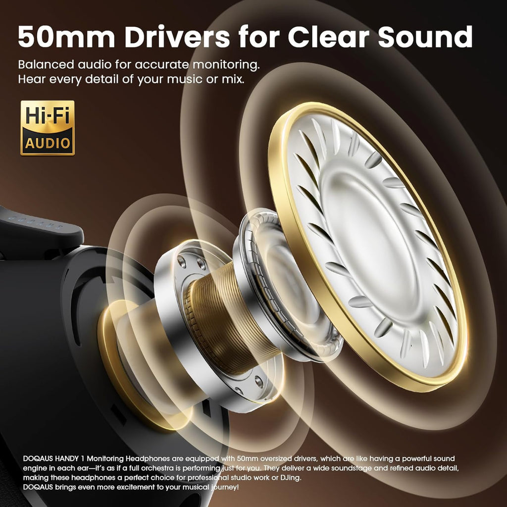 Studio Monitor Headphones, Professional Wired DJ Headphones Over Ear | with Natural Balanced Sound, 50mm Drivers