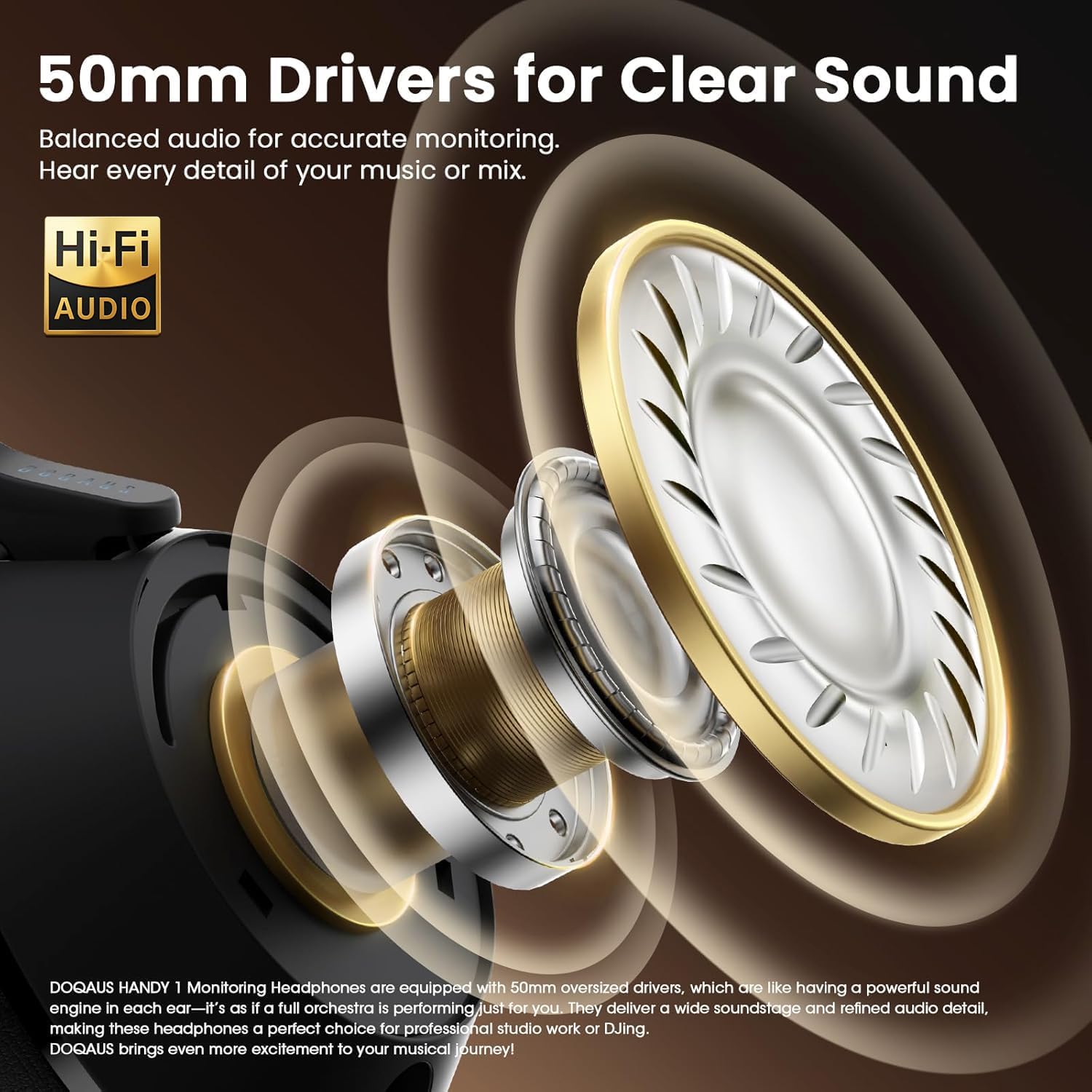 Studio Monitor Headphones, Professional Wired DJ Headphones Over Ear | with Natural Balanced Sound, 50mm Drivers
