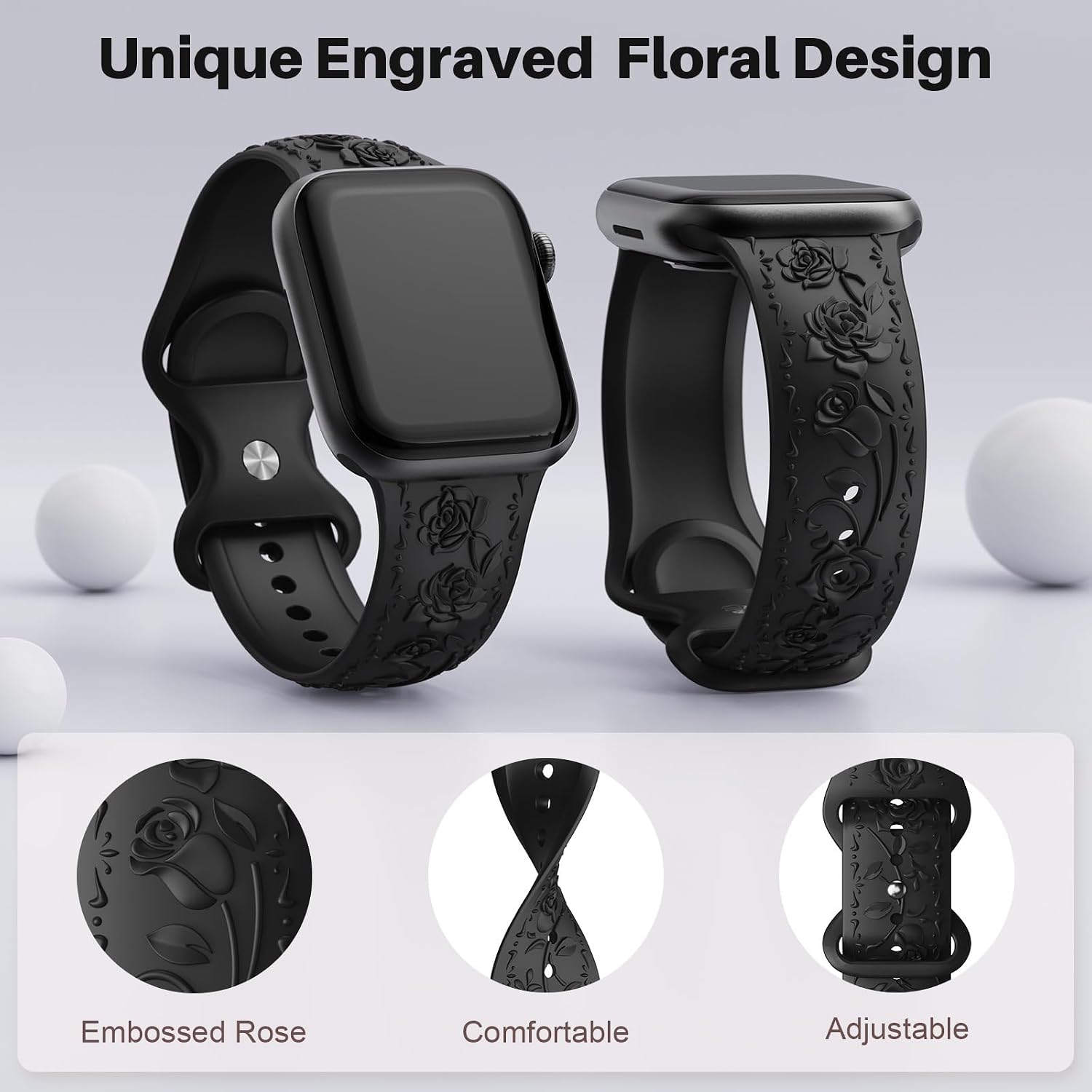 Floral Engraved Band Compatible with Apple Watch Band 40mm 41mm 38mm 42mm 44mm 45mm 46mm 49mm Women, Soft Silicone