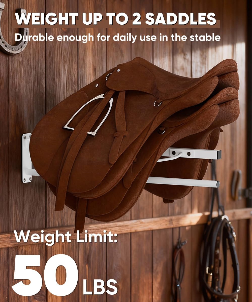 Wall Mounted Saddle Rack with Pad Bar for Horses Saddles, White