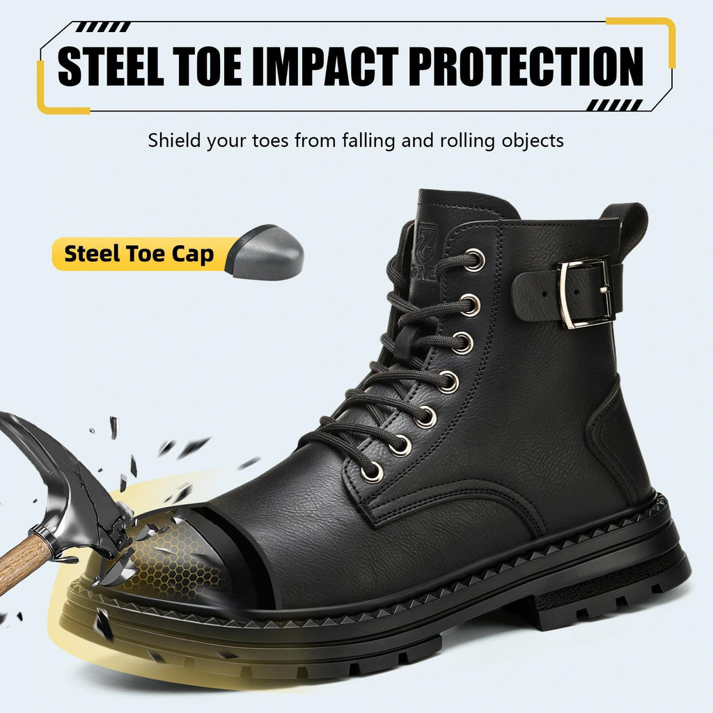 Steel Toe Work Boots for Men, Black Construction Boots, Men Size 10.5