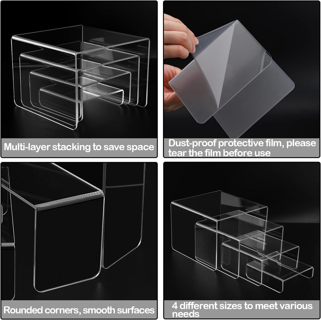 Clear Acrylic Risers Display Stands Multi-Size | 8-Piece Set, Square, 4"~6.3", Ideal for Retail, Cupcakes, Figures