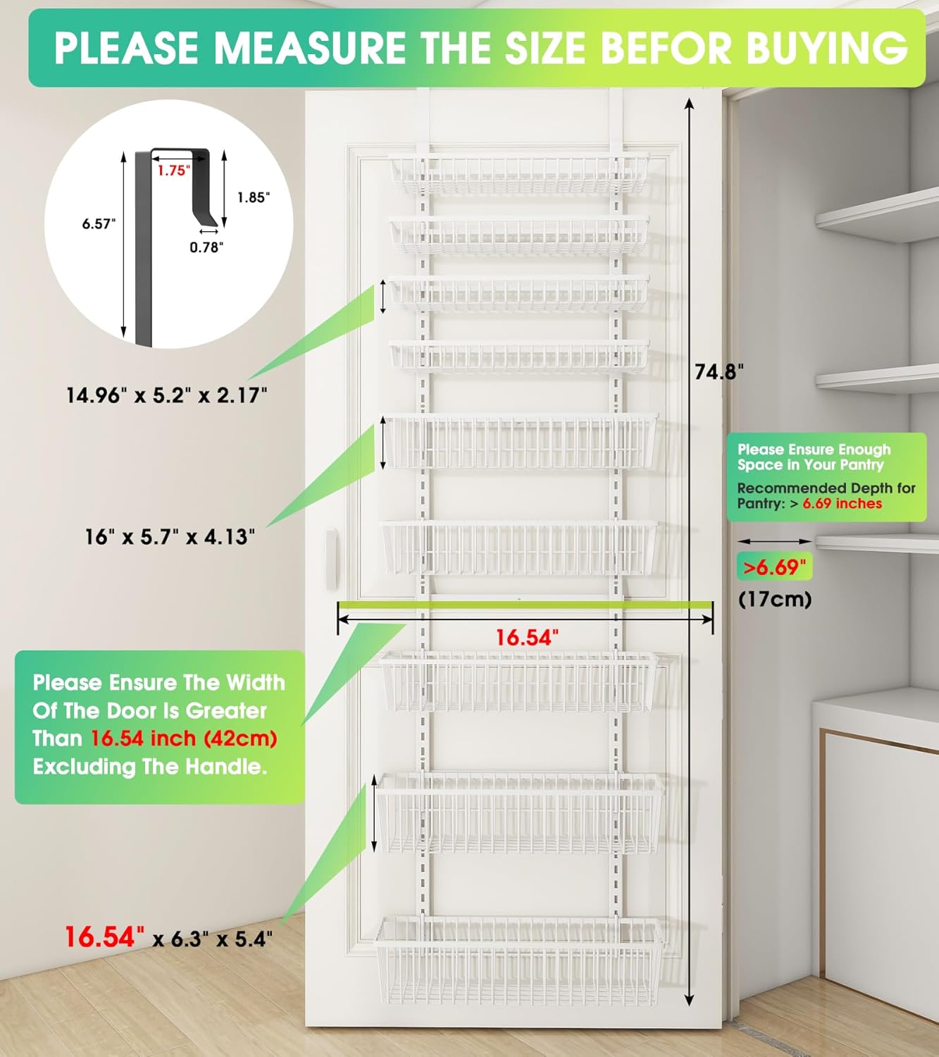 White 9-Tier Over The Door Pantry Organizer, Pantry Organization and Storage, Deep Baskets Hanging Heavy-Duty Metal