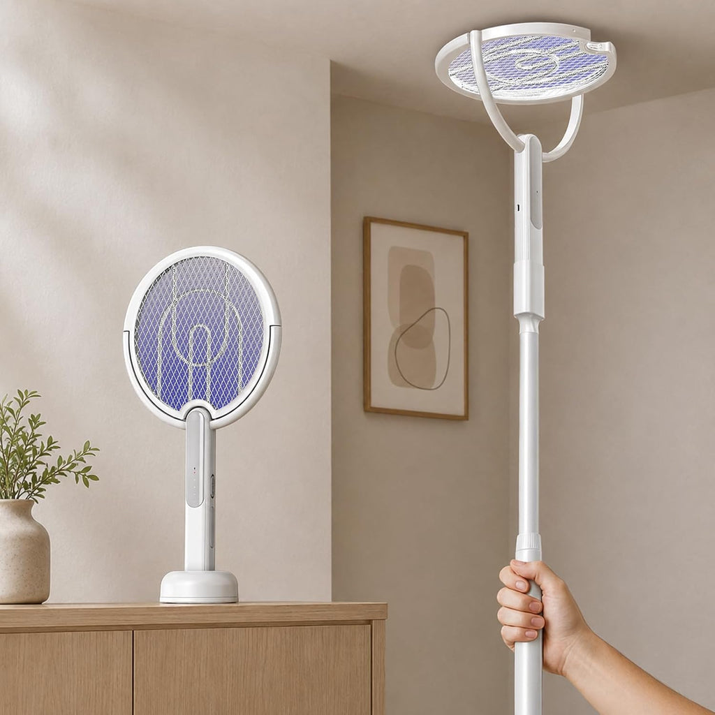 Rotating Head Electric Fly Swatter Racket with Telescoping Handle, 4000 V | Folding Head, Charging Base, USB Charging
