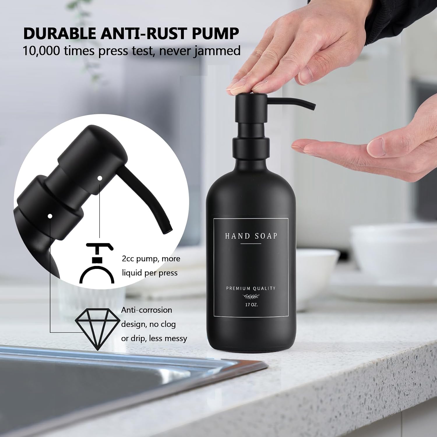 Black Thick Glass Soap Dispenser - Farmhouse Kitchen Dish &Hand Soap Dispenser Set, 304 Rustproof Pump Lotion