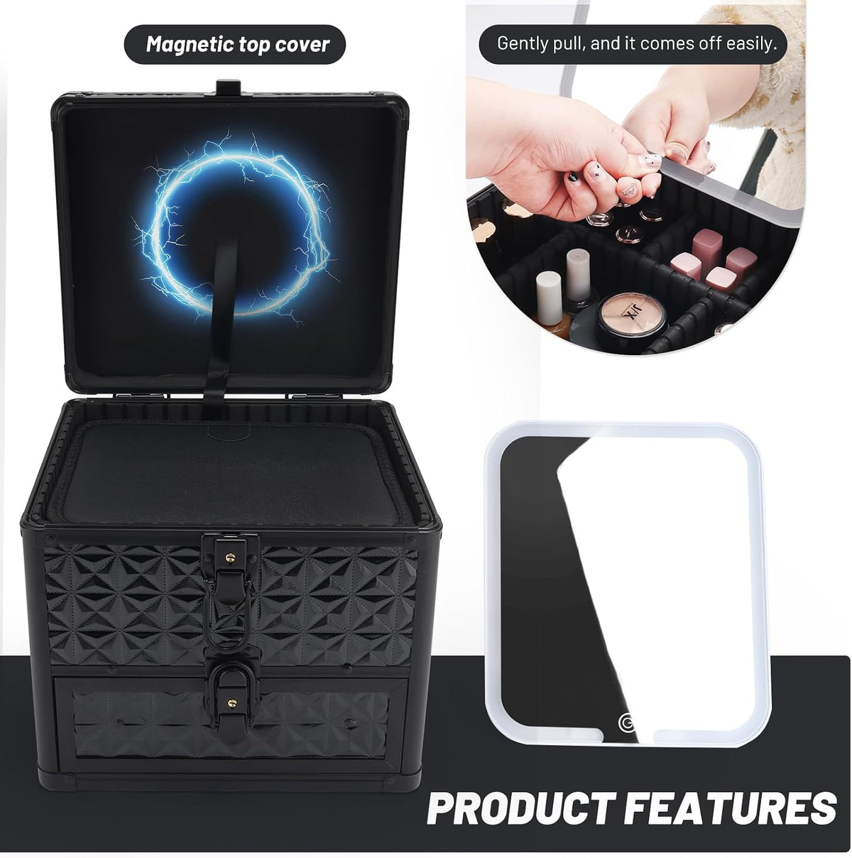 Makeup Case with Drawer, Detachable Lighted LED Mirror, Travel Vanity Organizer, Portable Cosmetic Train Case