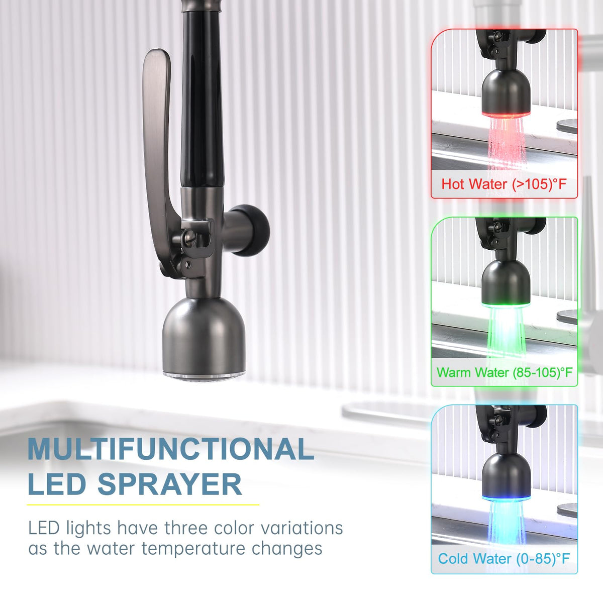 Black Stainless Kitchen Faucet with LED Light and Pull Down Sprayer