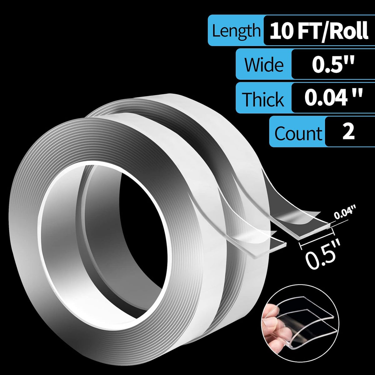 Nano Double-Sided Acrylic Foam Tape, 1/24" x 1/2" x 10', 2-Roll Pack