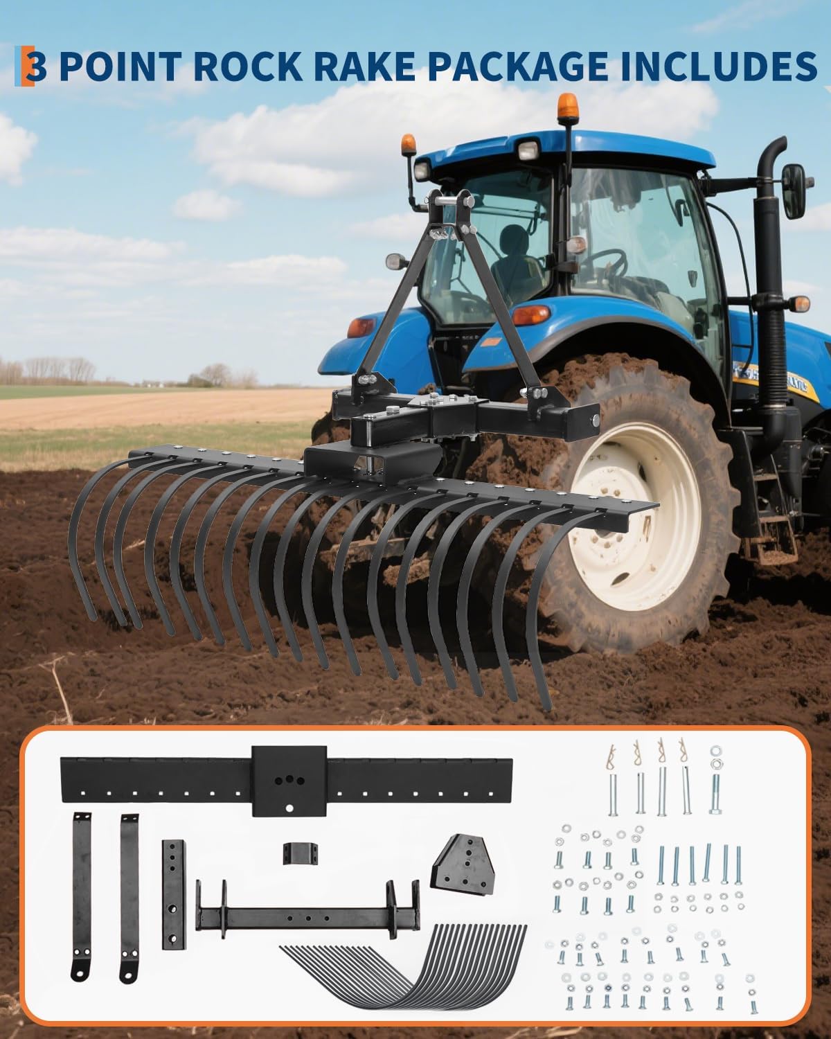 3 Point Hitch Tractor Rake, 50" Landscape Rake Category-0 Cat-1 Tractor | with 360 Degree Rotation,Replaceable Spring