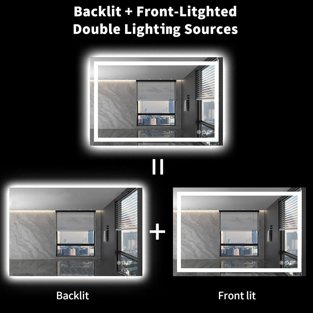 40"X32" LED Bathroom Mirror with Lights | Anti-Fog, Dimmable, 3 Color Temperature, Backlit + Front Lit, Memory