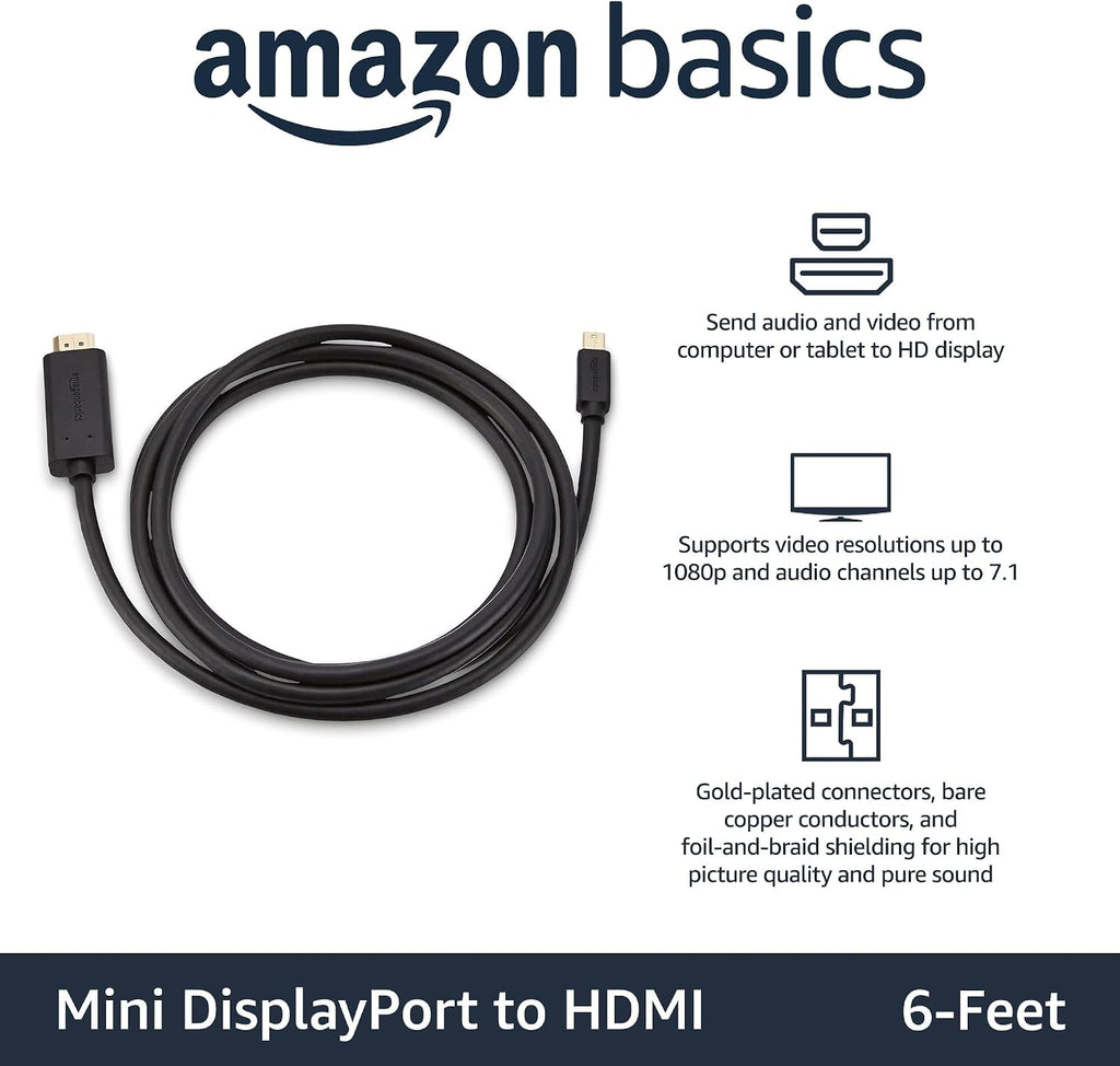 Mini DisplayPort to HDMI Cable for MacBook Air/Pro, 1080p, Gold-Plated Plugs, 6 Foot, Black