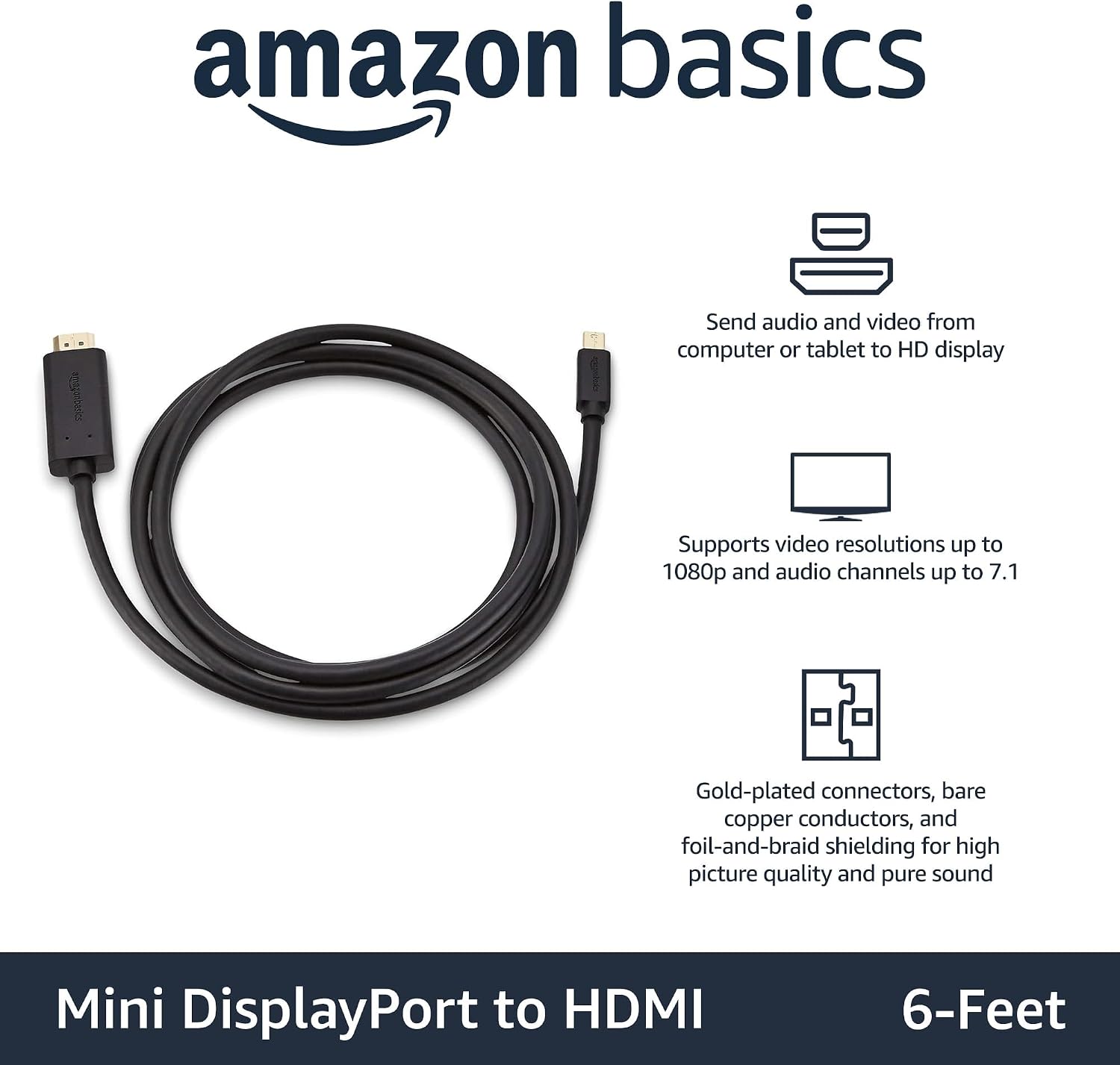 Mini DisplayPort to HDMI Cable for MacBook Air/Pro, 1080p, Gold-Plated Plugs, 6 Foot, Black