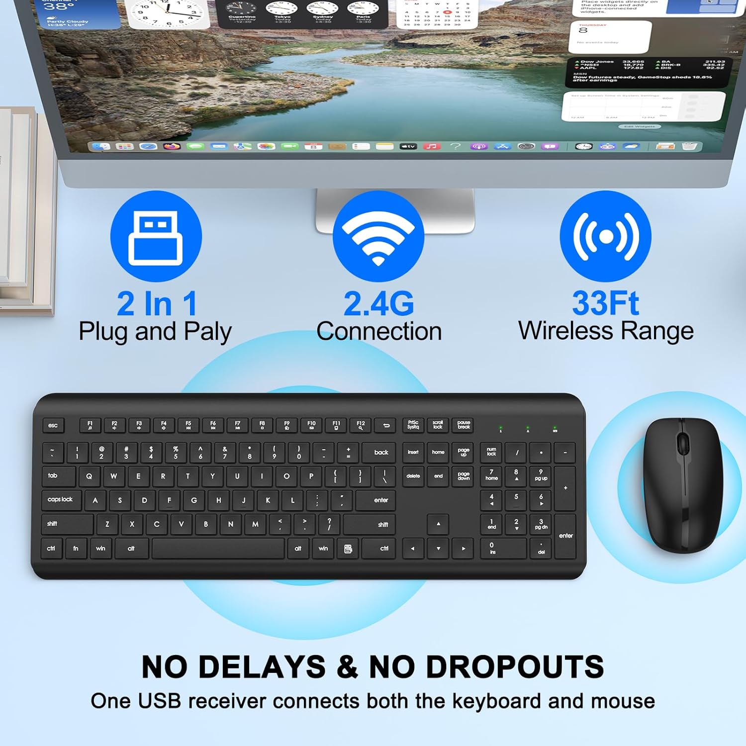 Wireless Keyboard and Mouse Combo, Full-Size Silent Ergonomic Keyboard and Optical Mouse, Long Battery Life, 2.4GHz