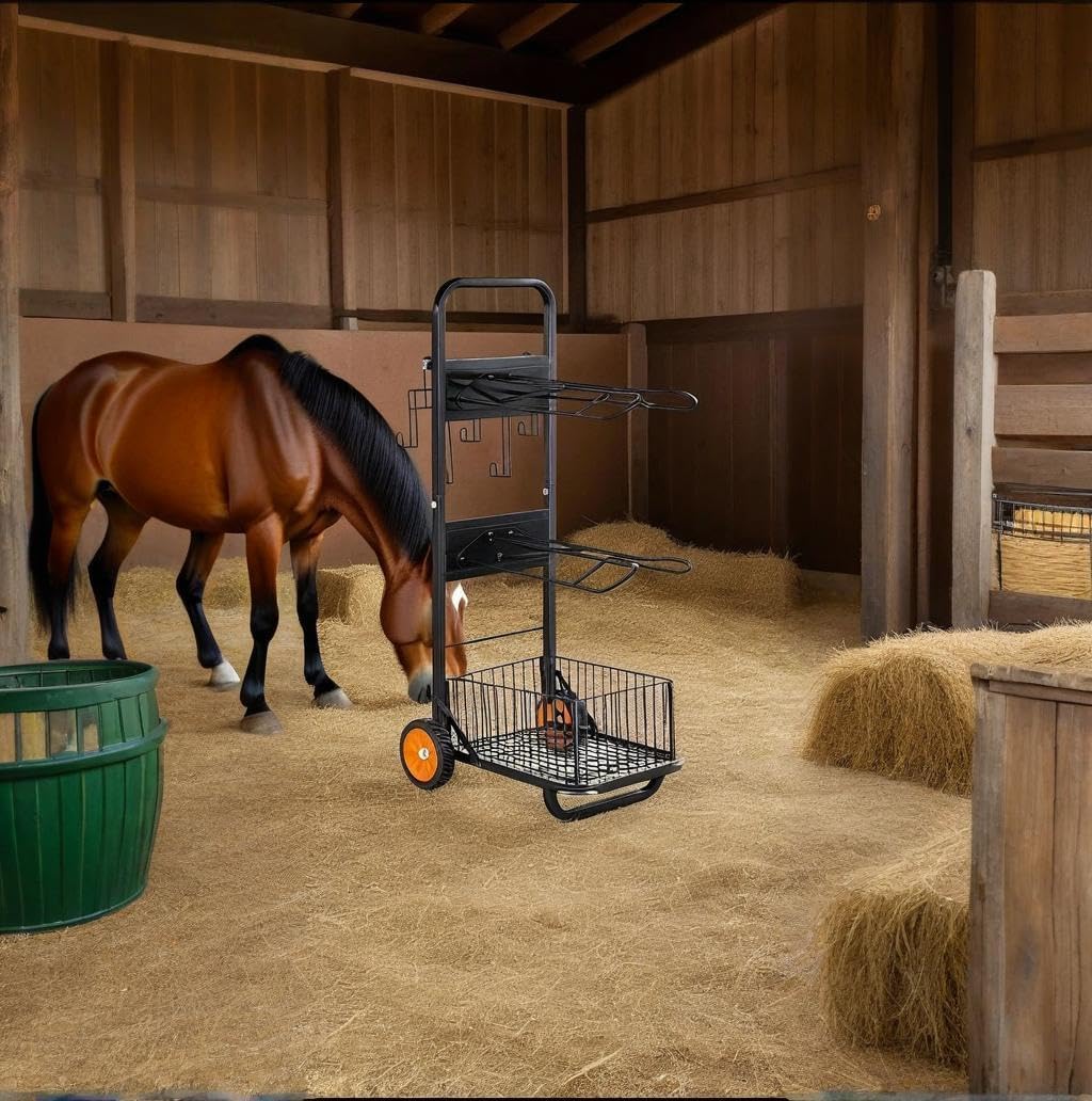 Rolling Horse Saddle Rack Cart Foldable Saddle Pad Rack Stand 3 Tier Heavy Duty with Removable Saddle Stands &