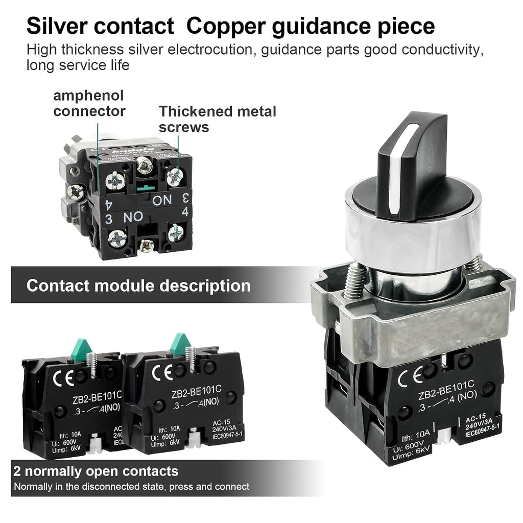 2-Pack Black 3-Position Metal Head Selector Switches, 2NO