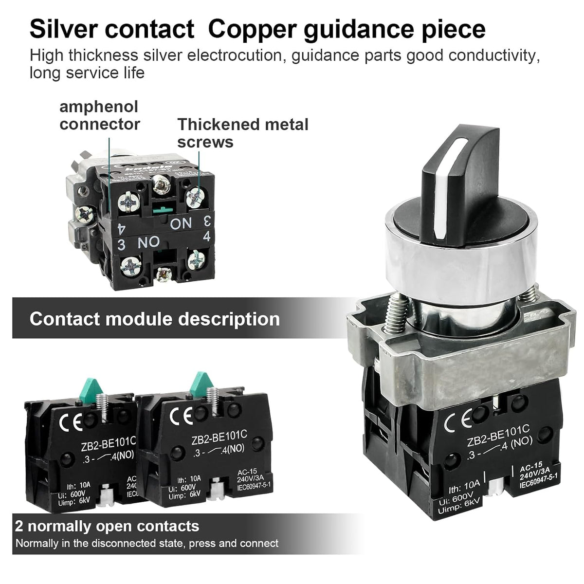 2-Pack Black 3-Position Metal Head Selector Switches, 2NO