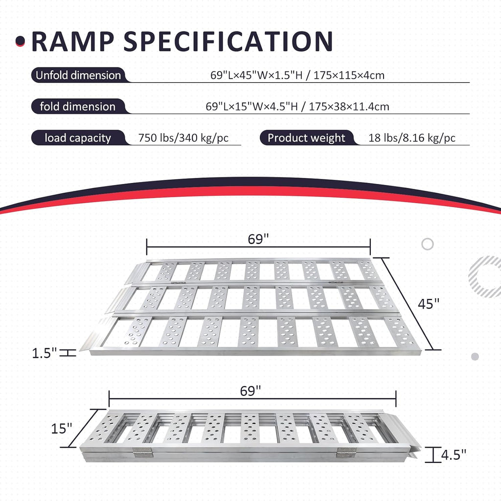 Tri-Fold Ramps with Treads, Full Width Aluminum Loading Ramps with Load Straps, Manual Welding Ramp for Motorcycles