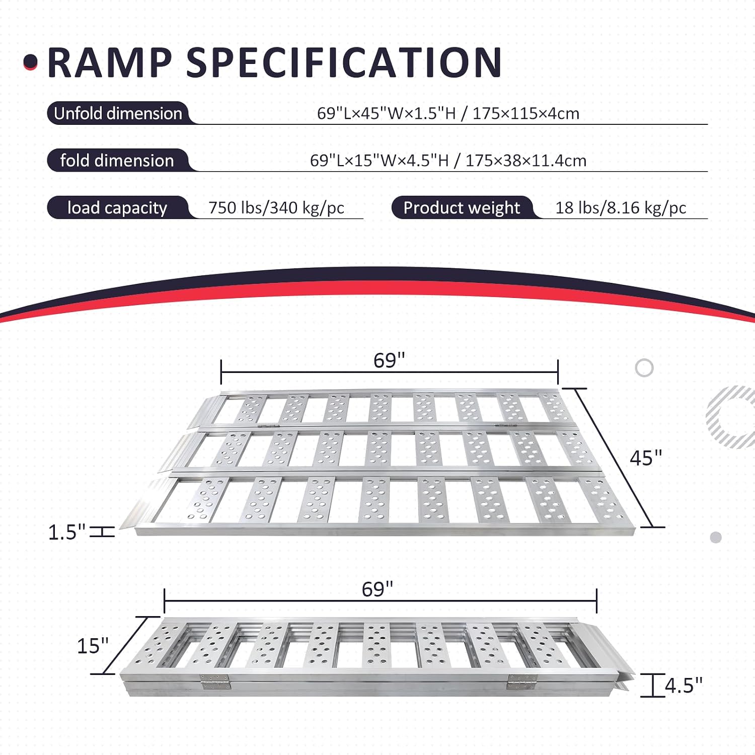 Tri-Fold Ramps with Treads, Full Width Aluminum Loading Ramps with Load Straps, Manual Welding Ramp for Motorcycles
