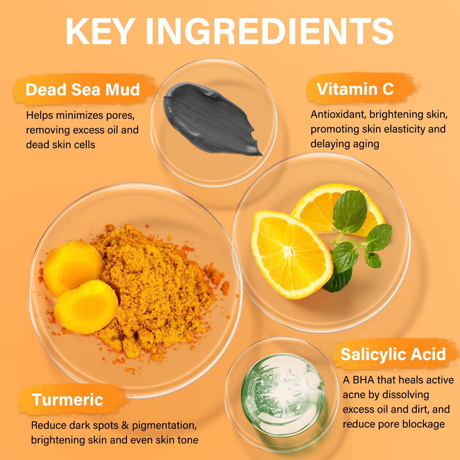 Facial Clay Mask Set - Vitamin C Turmeric Face Mask, Dead Sea Mud & Salicylic Acid (BHA) Mask for Pore Cleansing