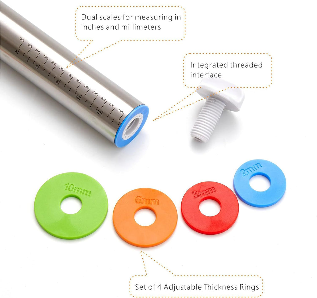 Rolling Pin with Thickness Rings, Fulimax 17" Adjustable Stainless Steel Rolling Pins for Baking, Dough Roller for