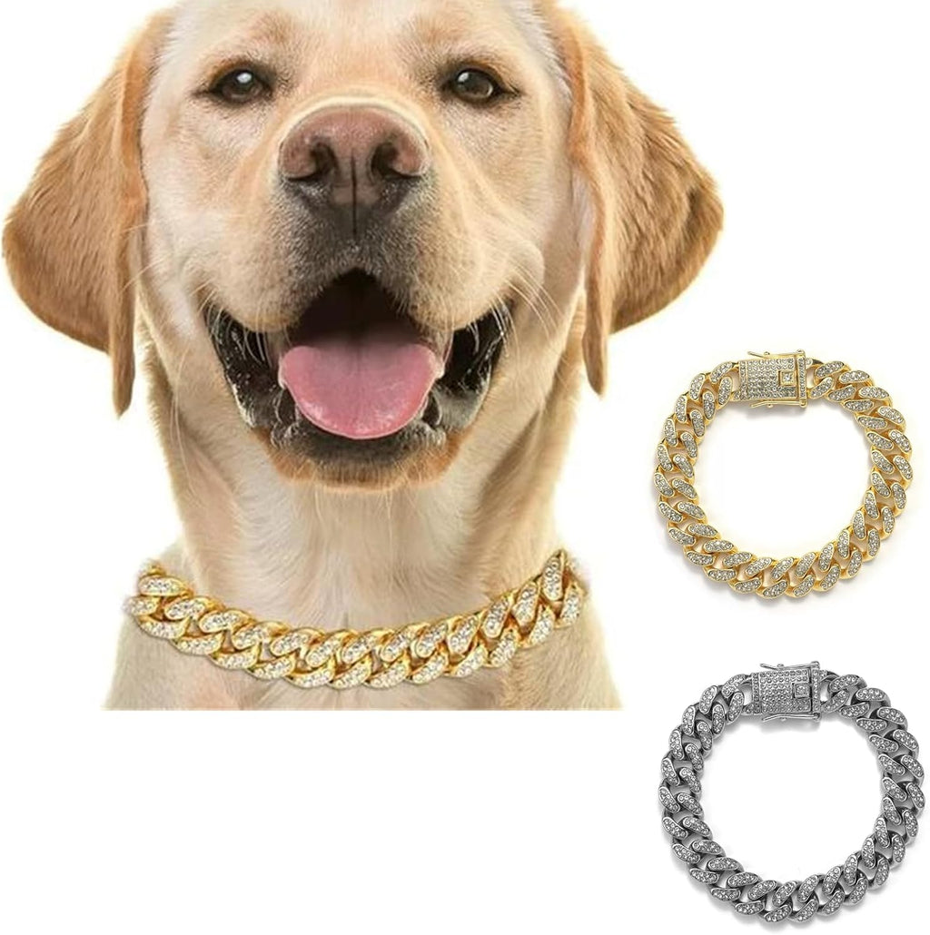 Cat Chain Collar, 2 Pcs Diamond Cuban Link Kitten Walking Collar with Secure Buckle Pet Rhinestones Necklace Metal