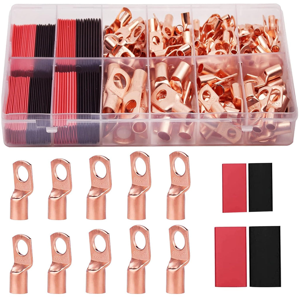 160Pcs Copper Wire Lugs AWG2 4 6 8 10 12 with Heat Shrink Set, 80Pcs Battery Cable Ends Ring Terminals Connectors