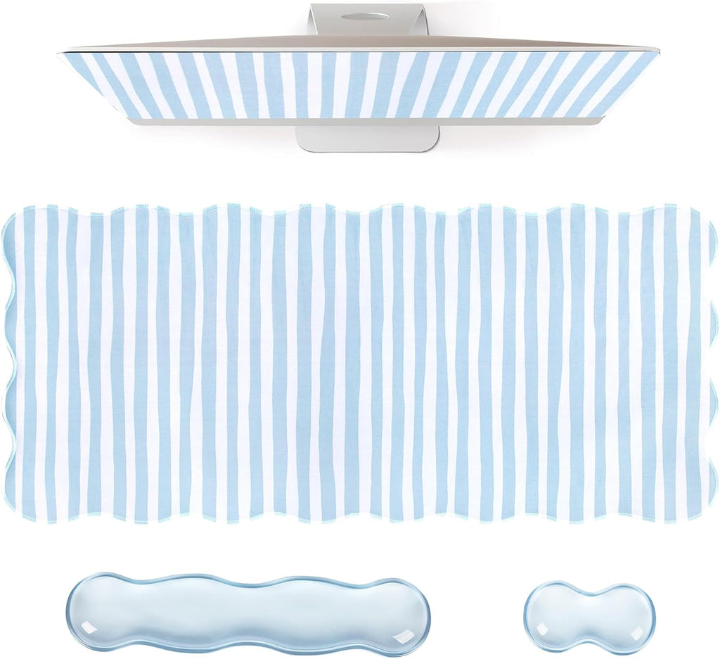 Blue Striped Mouse Pad Set,Scalloped XXL Desk Mat + Ergonomic Mouse Wrist Rest + Gel Keyboard Wrist Rest for Keyboard