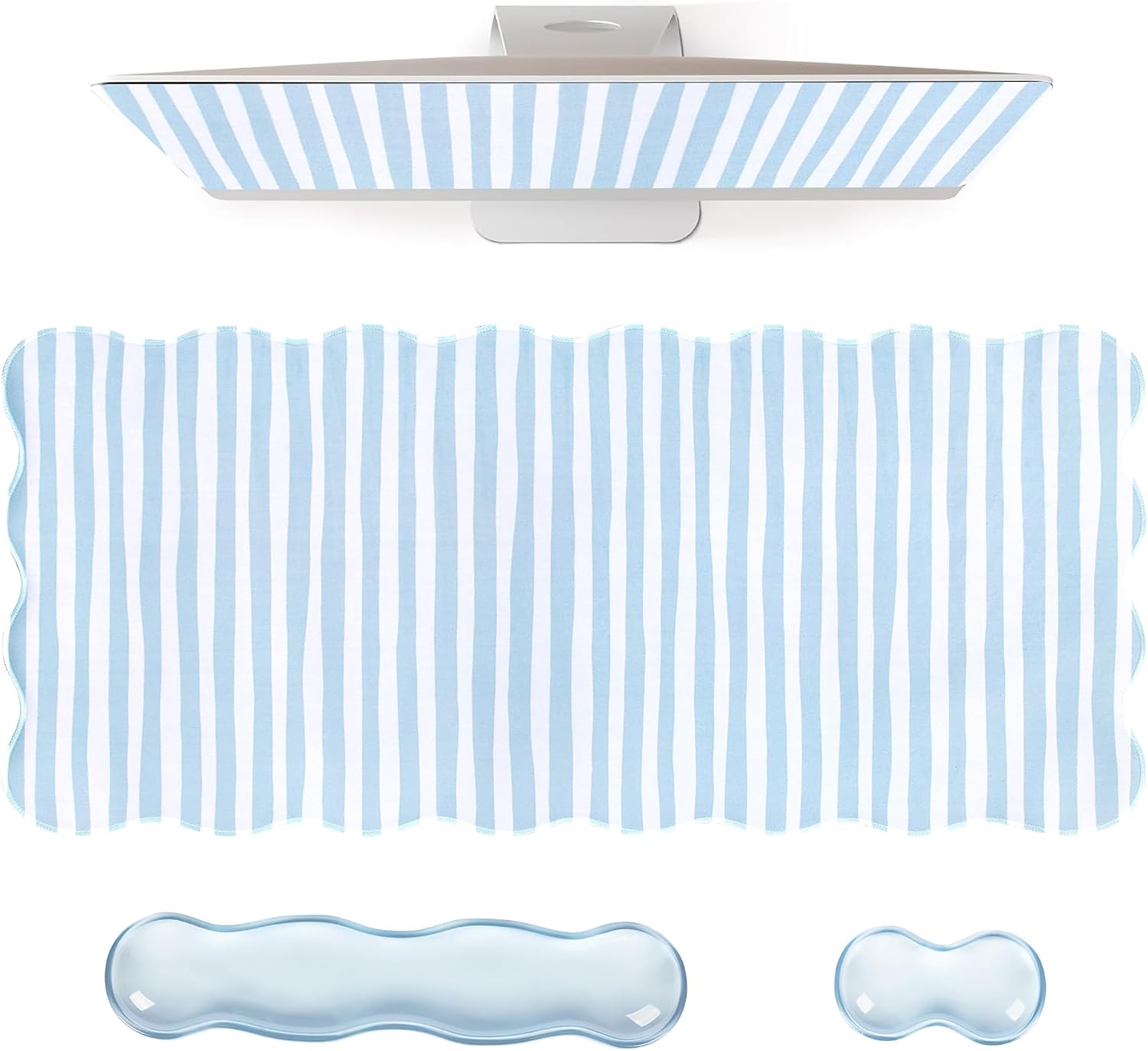 Blue Striped Mouse Pad Set,Scalloped XXL Desk Mat + Ergonomic Mouse Wrist Rest + Gel Keyboard Wrist Rest for Keyboard