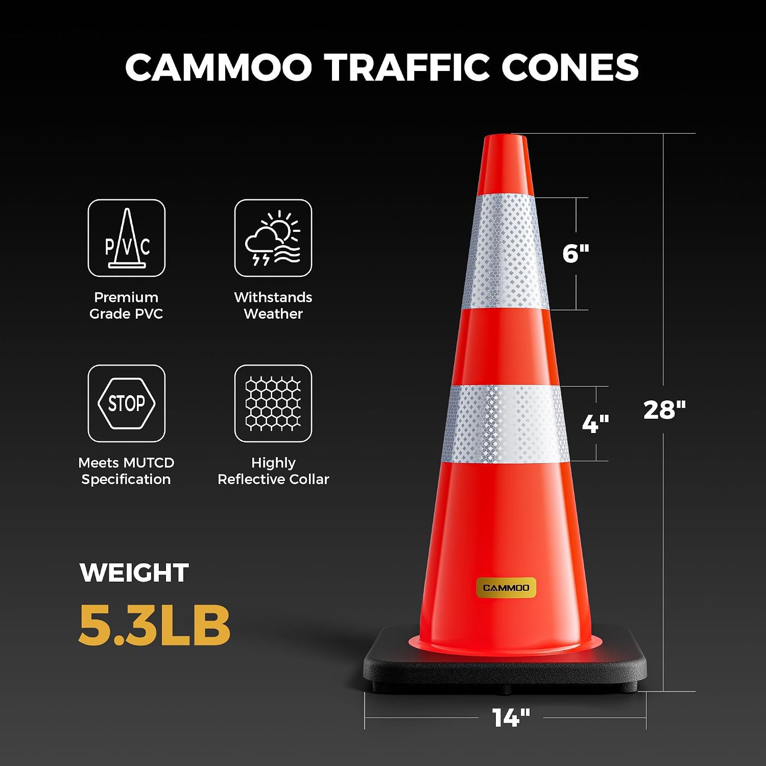 10 Pack 28 Inch Traffic Cones with Black Base | From -22℉ to 131℉, MUTCD-Compliant Orange Safety Cone, Reflective