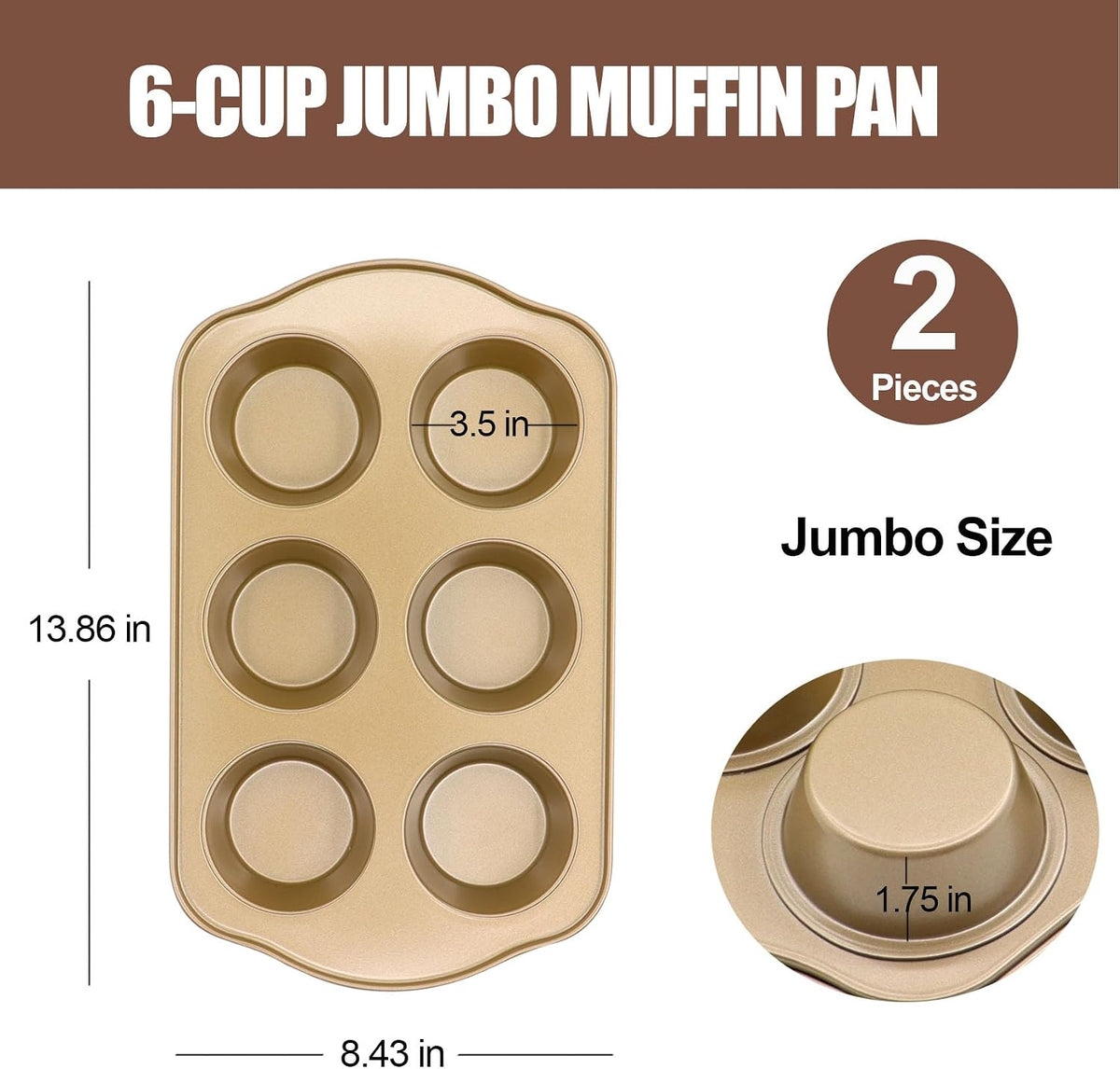 Jumbo Muffin Pan, 6 Cup, 3.5inch Dia, 2 Pack