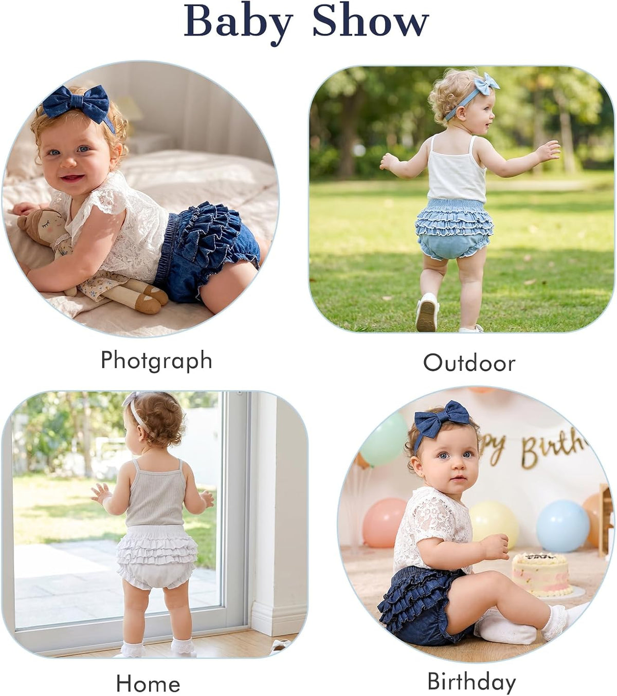 Baby Girl Denim Bloomers Ruffle Diaper Cover Shorts Headband 6M-3T