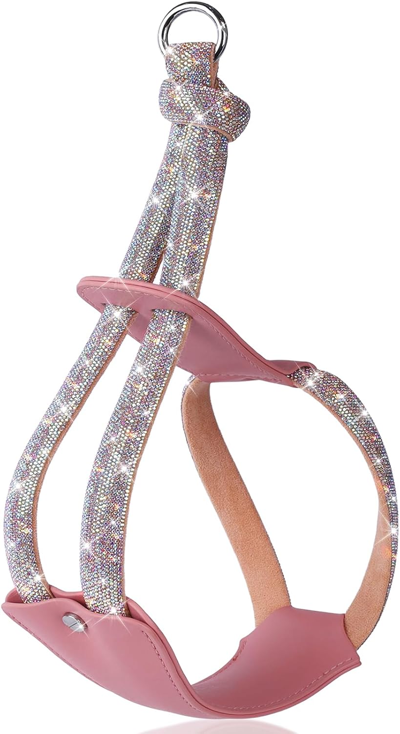 Rhinestone Dog Harness, Pink Leather No Pull Vest with Bling Multicolor Crystals, Adjustable Soft Walking Harness for