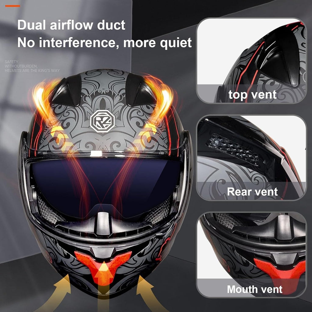 Full-Face Flip-Up Motorcycle Helmet Motorcycle Bluetooth Modular Helmet DOT Certified Dual-Lens Helmet Built-in Dual