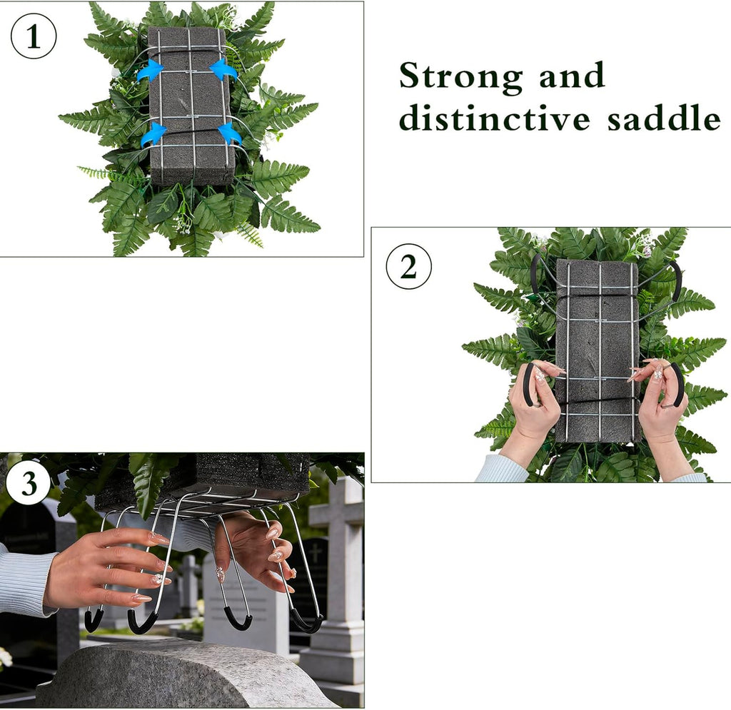 Artificial Cemetery Flowers Saddle, 2 Sets Grave Flowers Rose with Vase, Memorial Headstone Flowers Saddle for