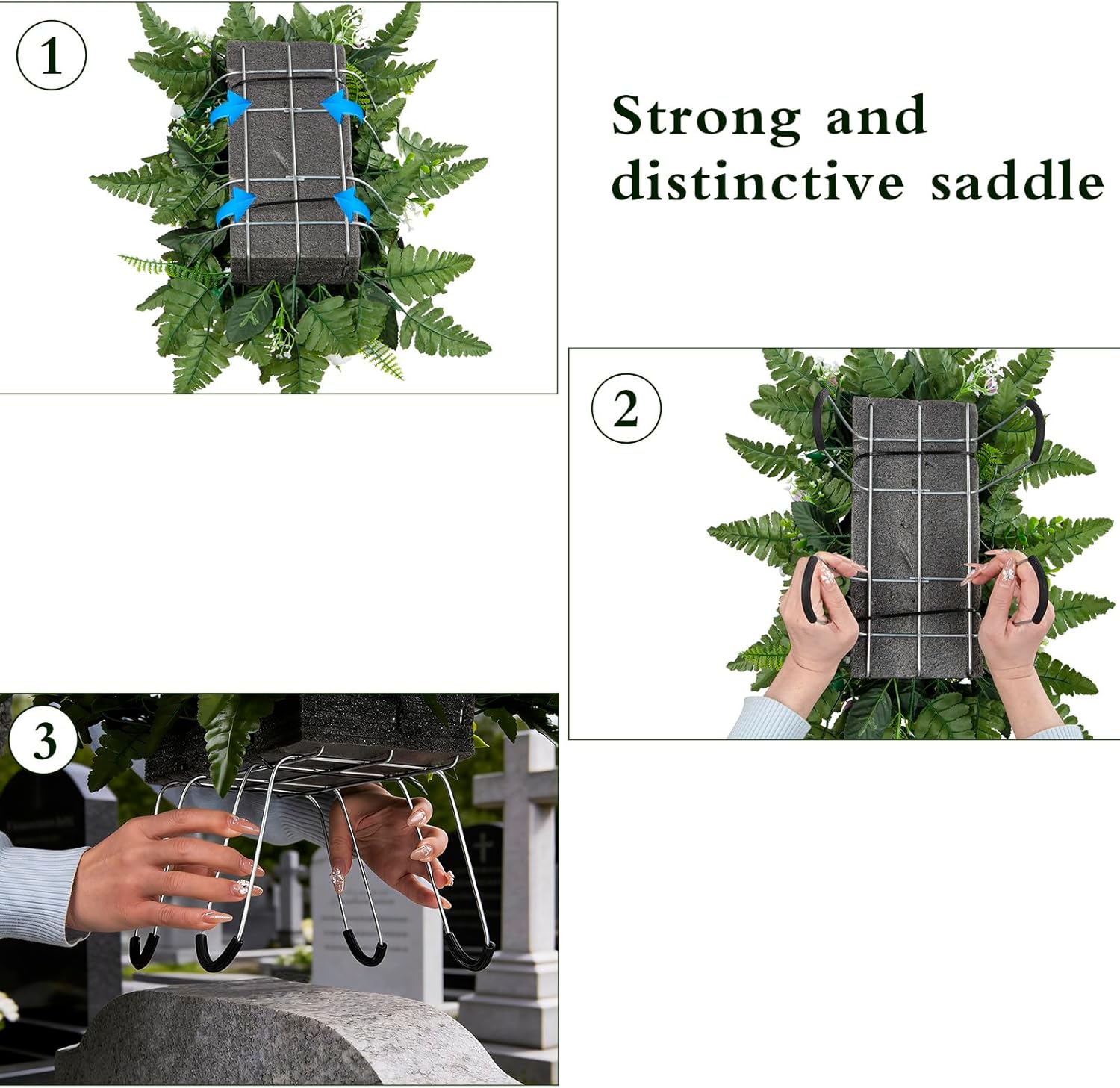 Artificial Cemetery Flowers Saddle, 2 Sets Grave Flowers Rose with Vase, Memorial Headstone Flowers Saddle for