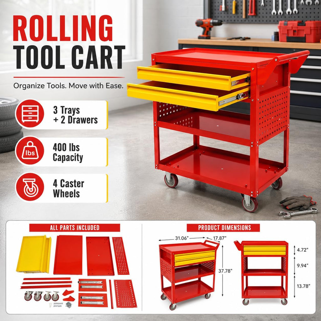 Rolling Tool Cart 400lbs Capacity, 5-Tier Steel Utility Service Cart with 2 Drawers, Heavy Duty Workshop Storage