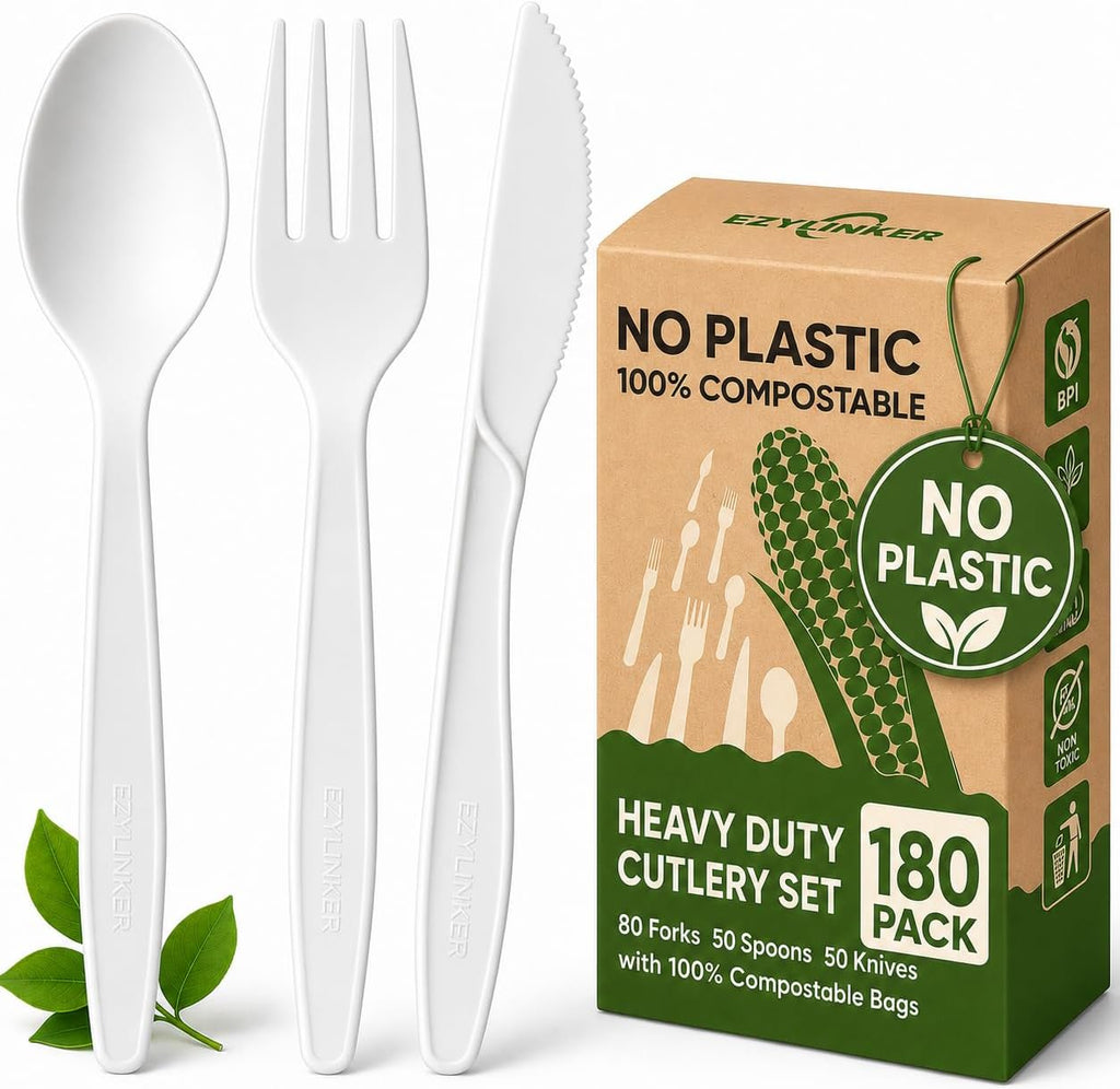 180-Count Compostable Utensils Set - Heavy Duty BPI Certified, Plastic-Free Disposable Forks, Spoons, Knives Set for