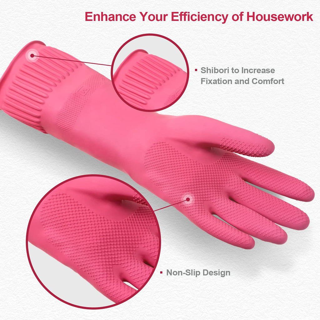 Mamison 2 Pairs Reusable Waterproof Household Dishwashing Cleaning Rubber Gloves, Non-Slip Kitchen Glove (Pink