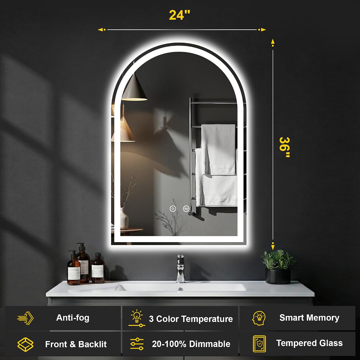 Arched LED Bathroom Mirror with Lights, 24" x 36" Lighted Vanity Mirror | Anti-Fog, Dimmable 3 Colors, Backlit +