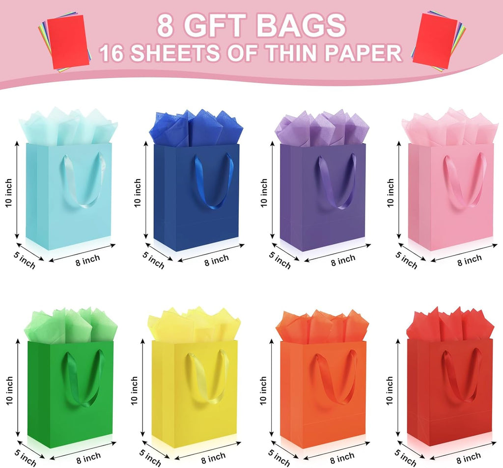 8 Pack Medium Gift Bags With Handles and 16 Tissue Paper, 8" X 5" X 10" Paper Bags Bulk for Birthday Party, Baby