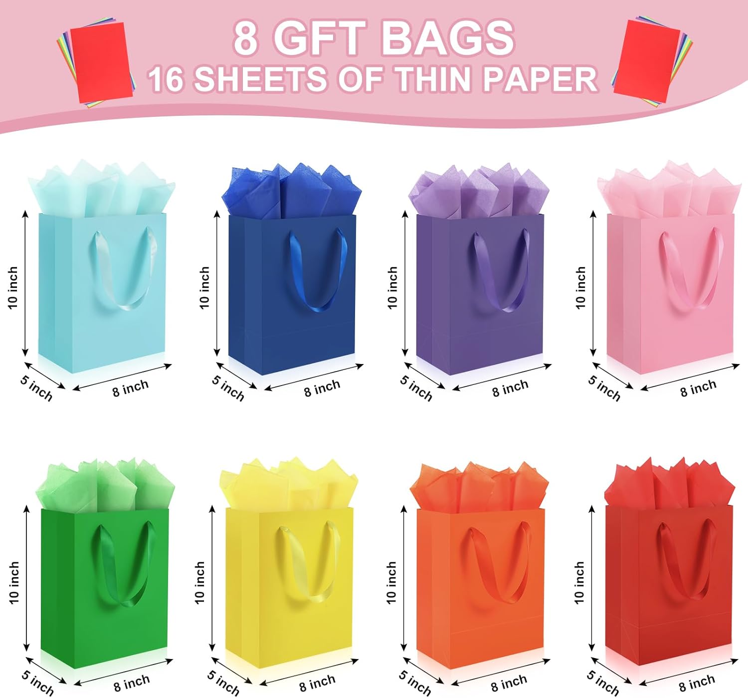 8 Pack Medium Gift Bags With Handles and 16 Tissue Paper, 8" X 5" X 10" Paper Bags Bulk for Birthday Party, Baby