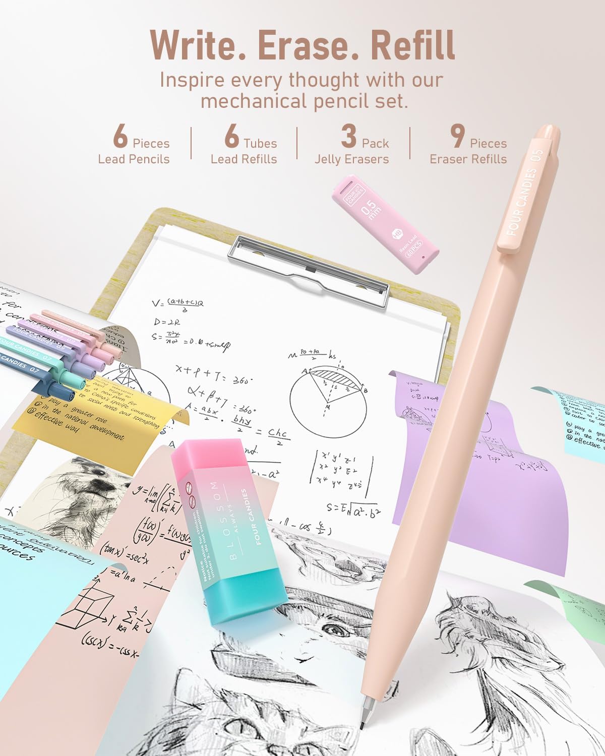 School Supplies with Cute Pen Case, 39ct, Cream | Back to School Stationery Set, Essentials for College & Nursing