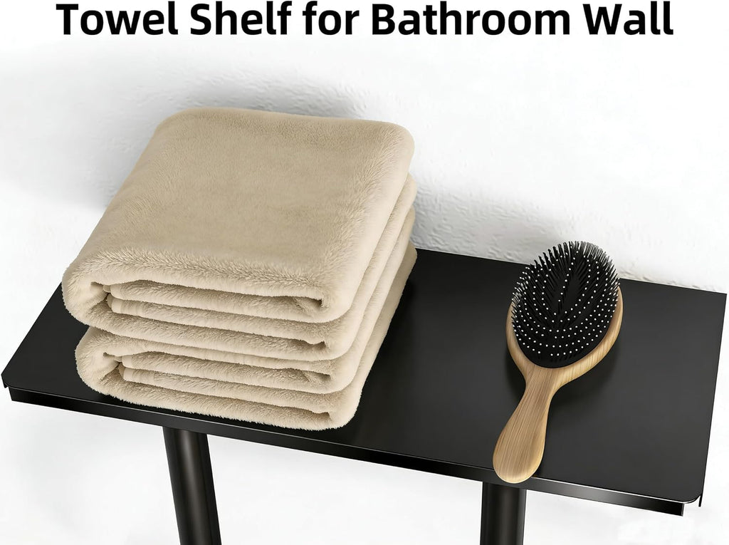Towel Racks for Bathroom Wall, Black Small Towel Holder with Hooks | Stainless Steel Towel Shelf and 3 Hooks for