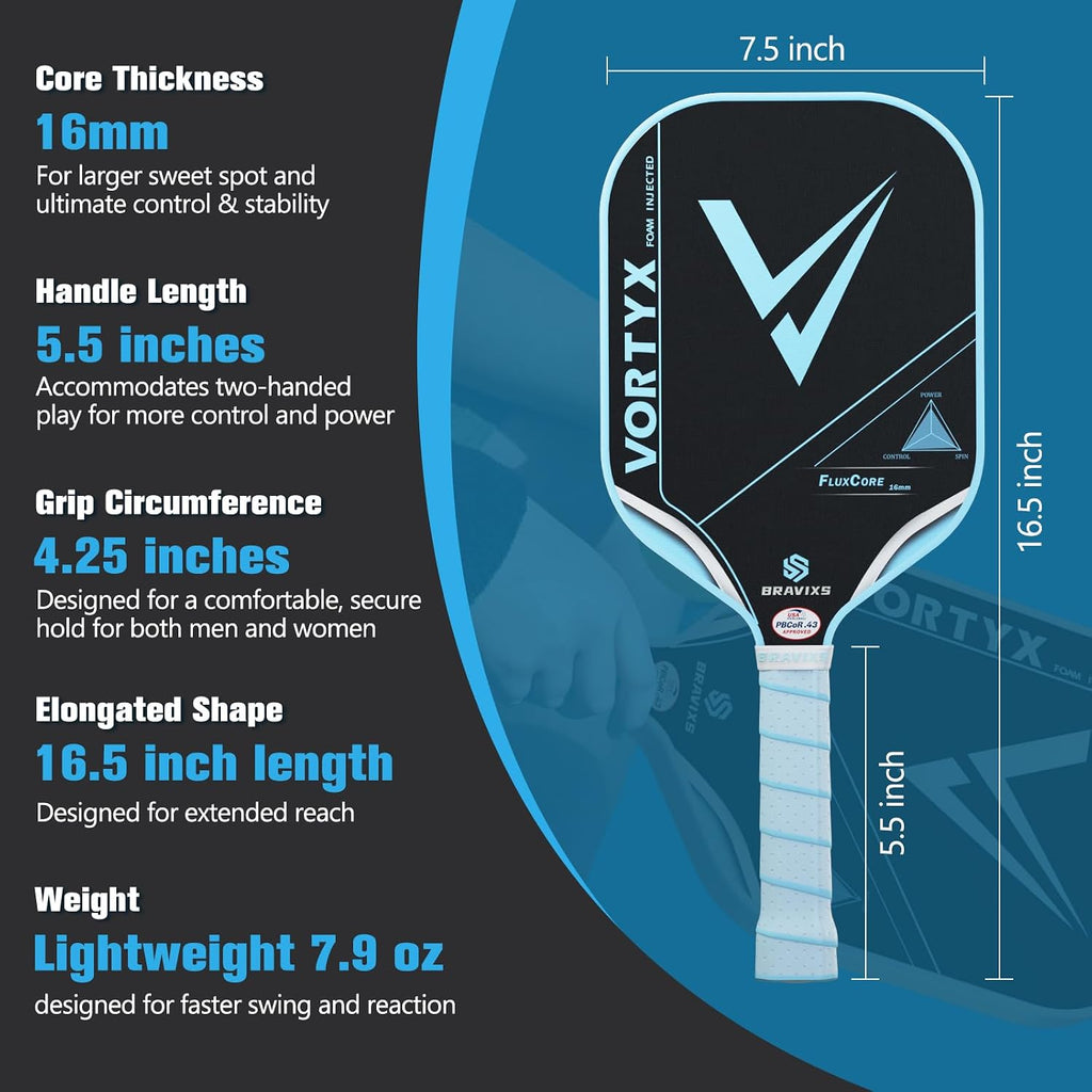 Vortyx Pickleball Paddle, Next-Gen Thermoformed Unibody, Raw Toray T700 Carbon Fiber Friction Surface, 16mm FluxCore