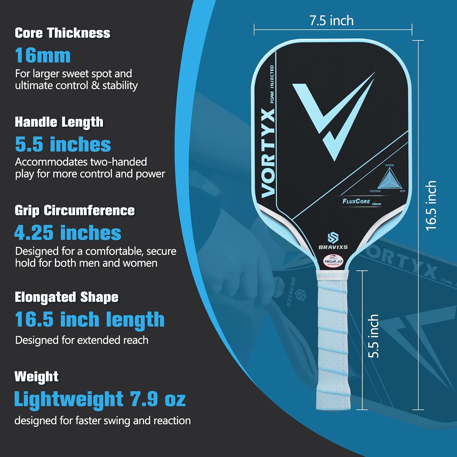 Vortyx Pickleball Paddle, Next-Gen Thermoformed Unibody, Raw Toray T700 Carbon Fiber Friction Surface, 16mm FluxCore